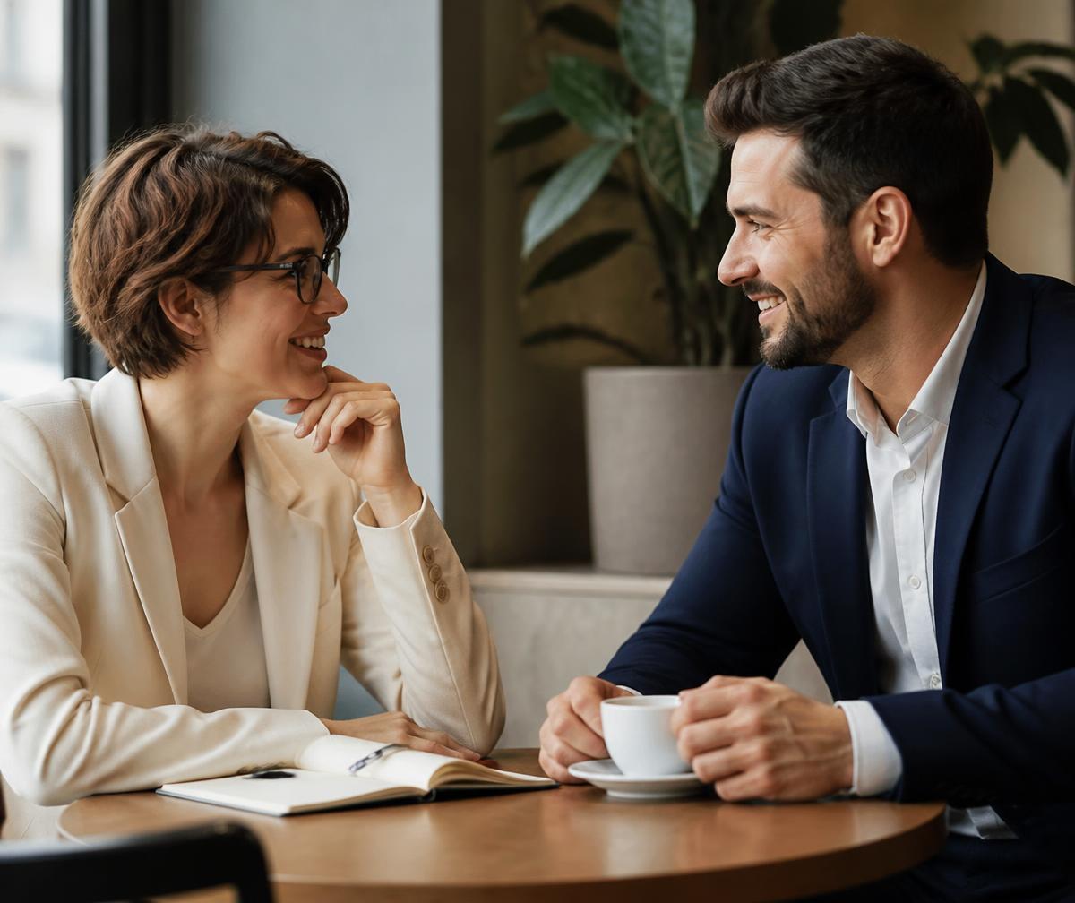 Two people in a friendly business conversation over coffee