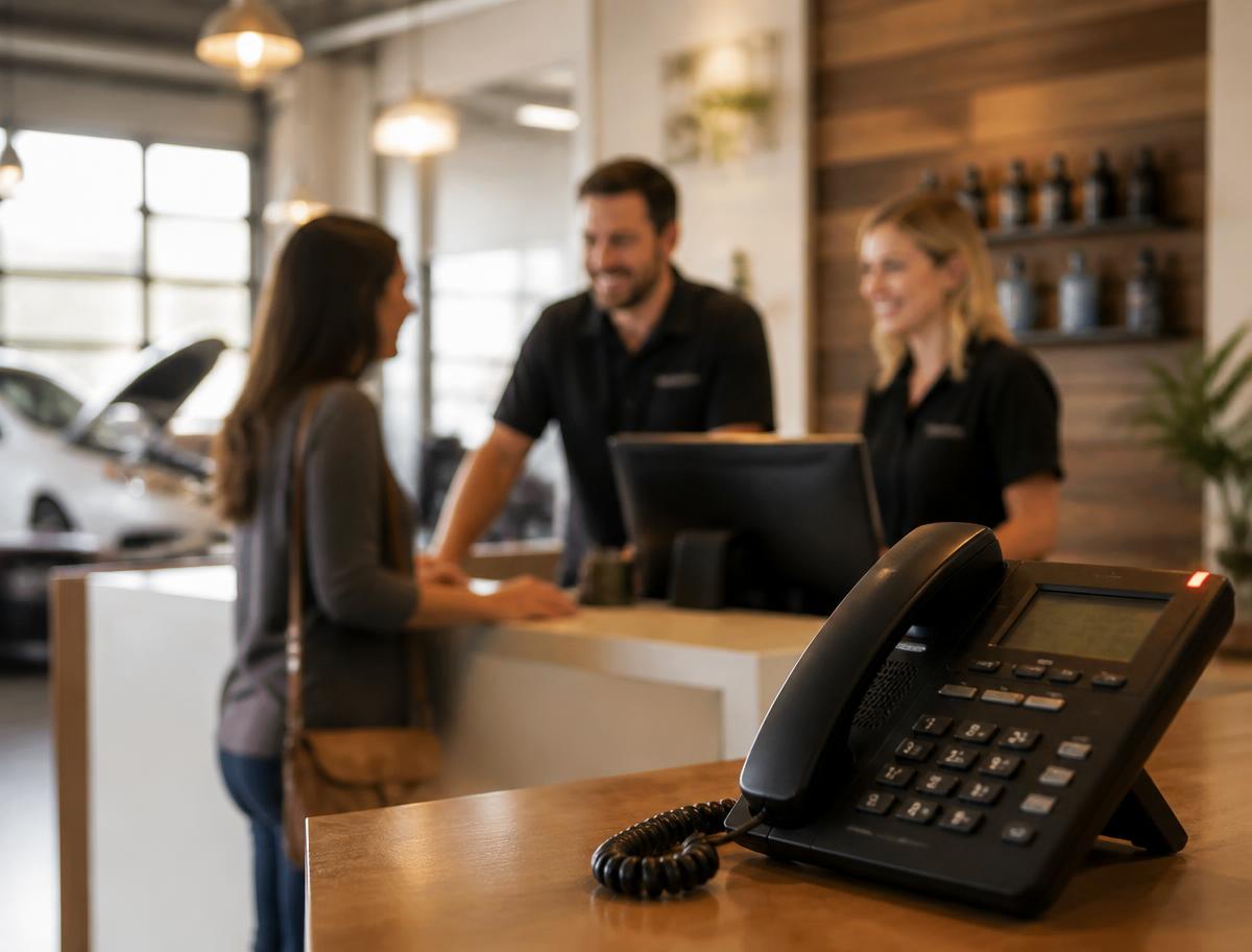 Front desk phone ringing while staff help a customer