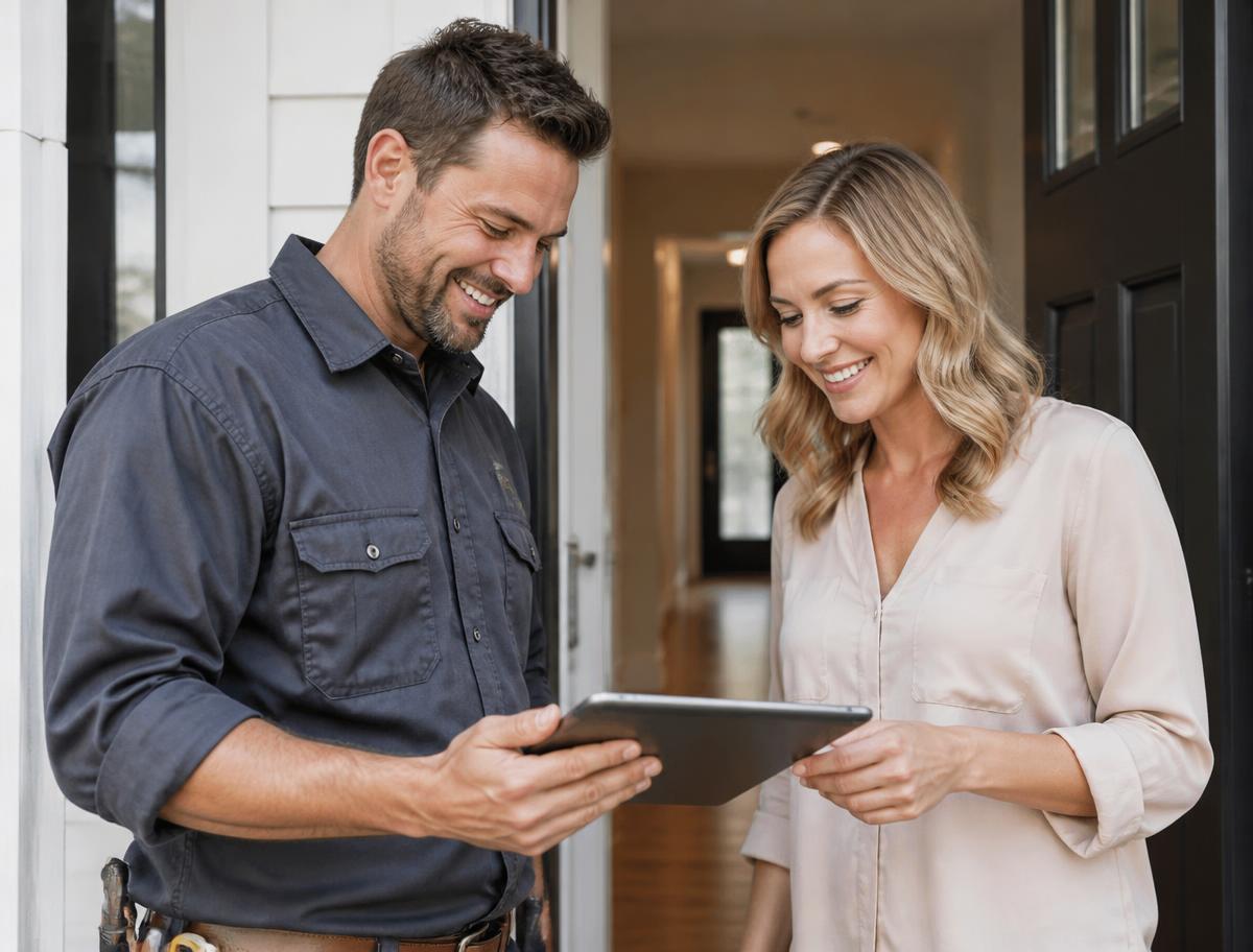 Contractor showing a happy customer a review on a tablet